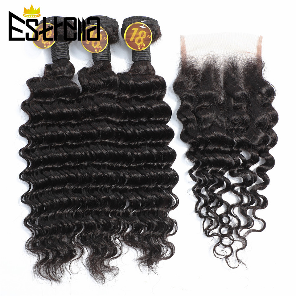 Deep Wave 3 Bundles With Closure - Mechones de cabello humano peruano con