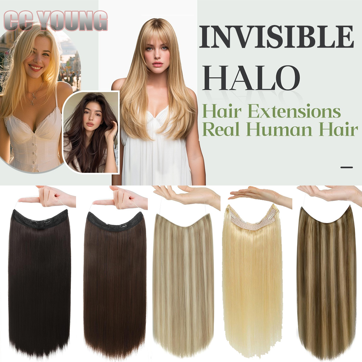Seamless Clip In Hair Extensions Human Hair - Extensiones de Cabello Halo Invisibles, Cabello