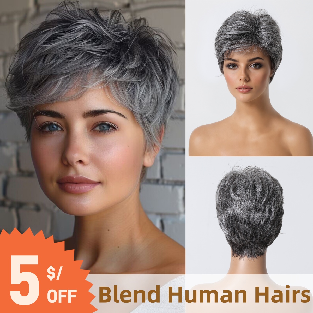Short Pixie Cut Wig Human Hair Cheap - Peluca de cabello humano gris con