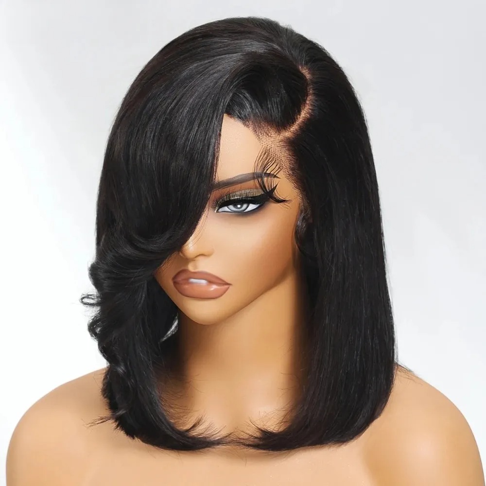 Peluca corta negra lisa con fl - Pre Parted 13X4 Lace Front Bob Wig reseña y precio